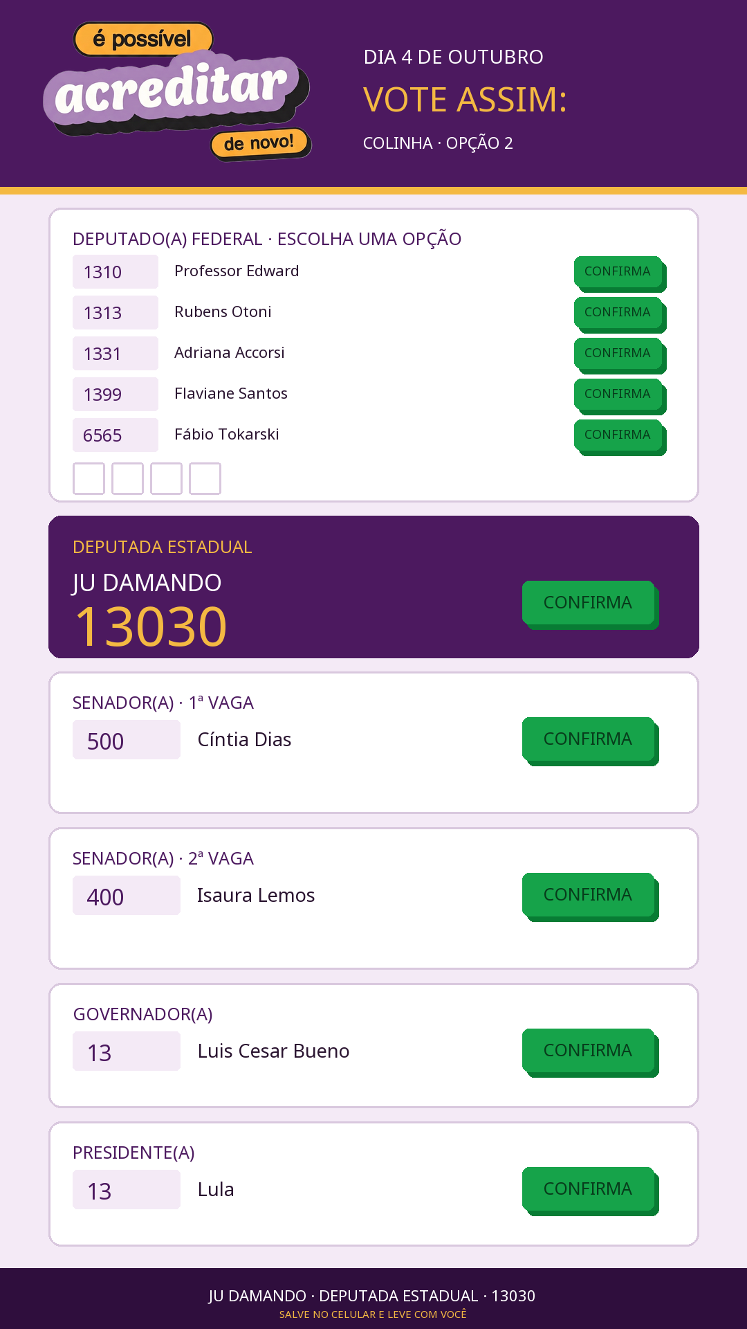 Prévia da colinha vertical opção 2, com Ju Damando 13030 e opções para os demais cargos